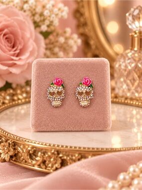 The Eleanor Collection Crystal Rose Skull Stud Earrings